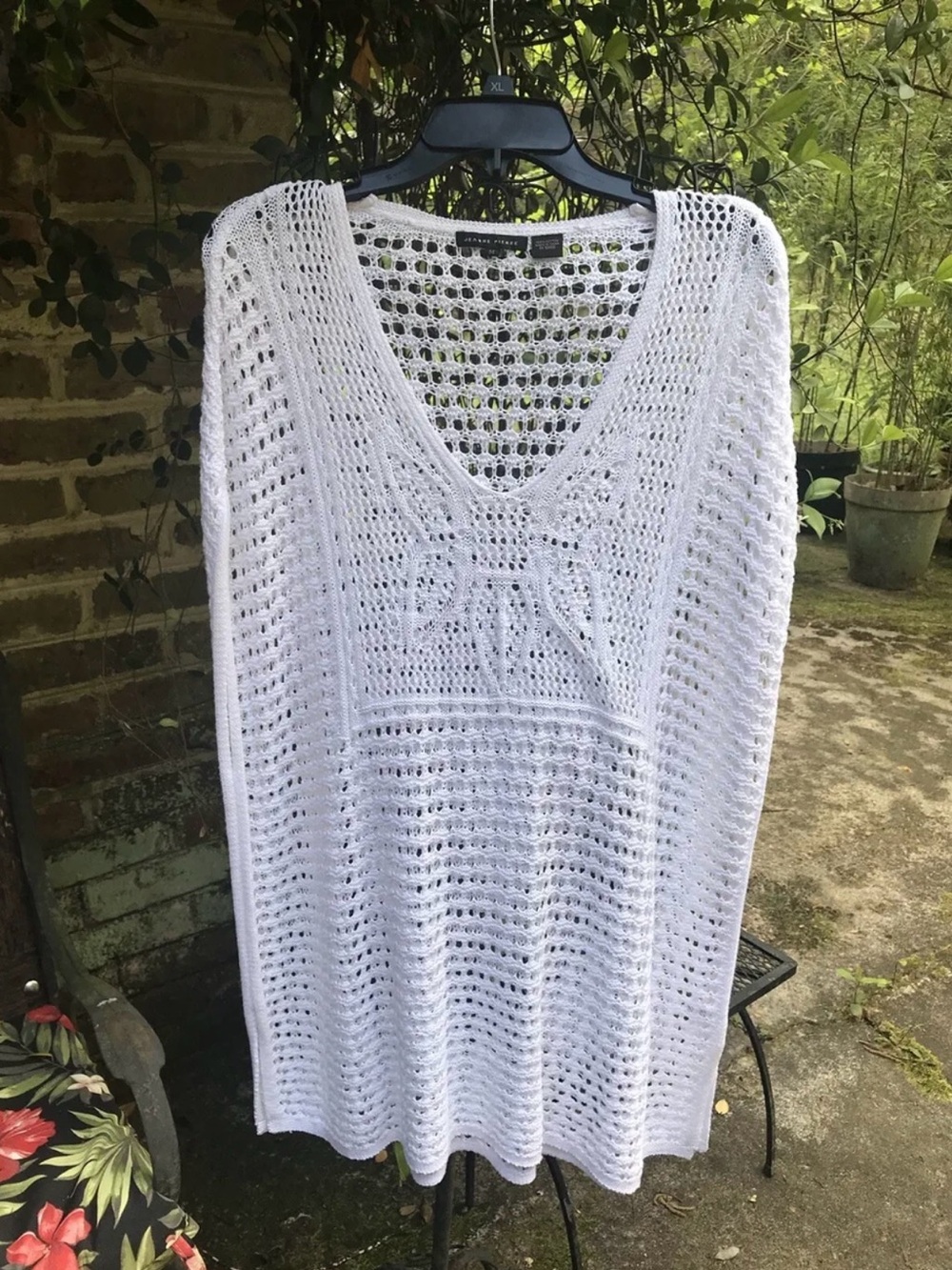 JEANNE PIERRE White Crochet V-Neck Swim Coverup